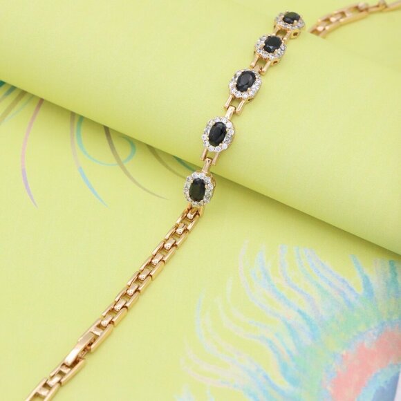 "Elegant Rose Gold Oval Black Stone Bracelet with Crystal Halos, XPBL0736 - Picture 3 of 12